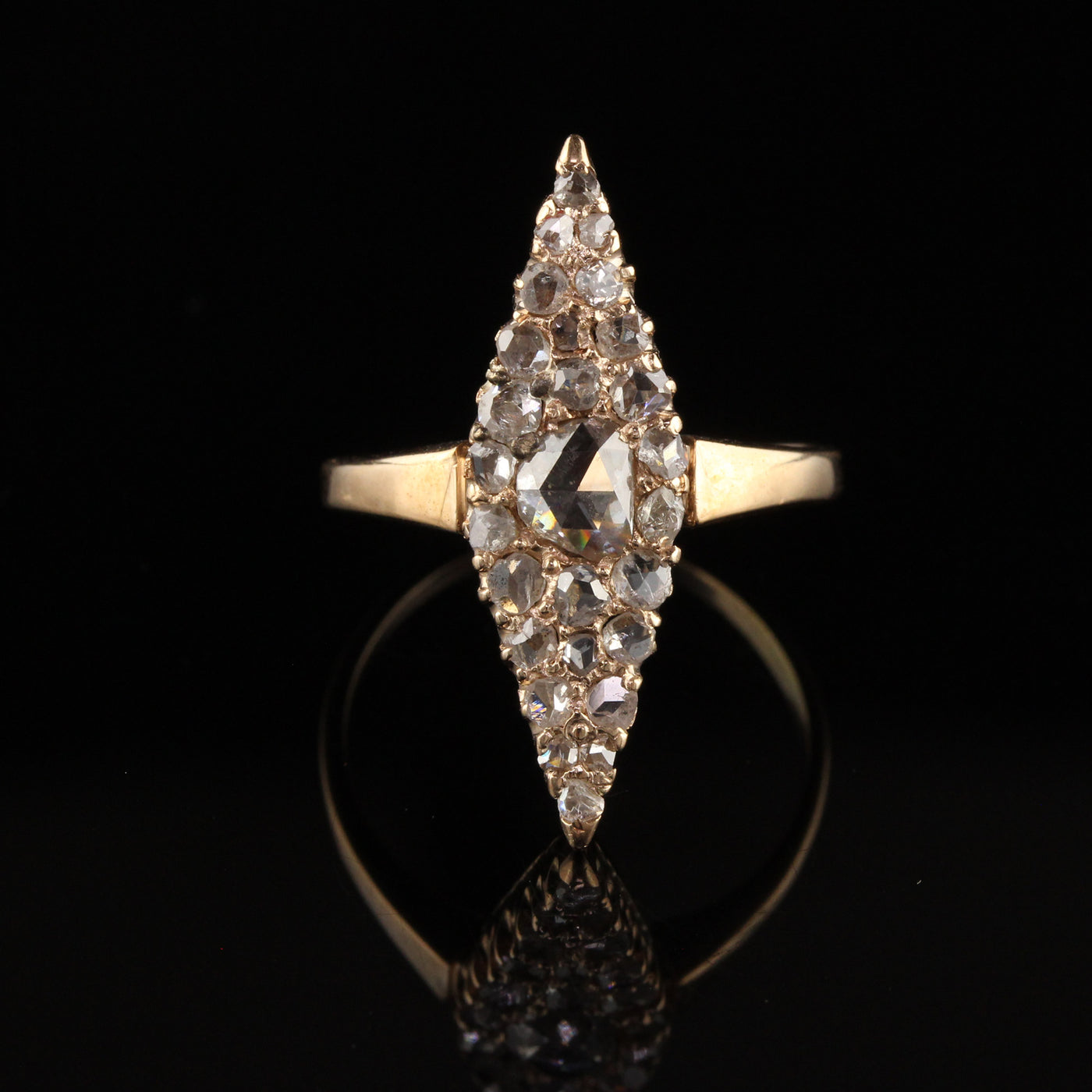 Antique Victorian Russian 14K Yellow Gold Rose Cut Diamond Navette Ring