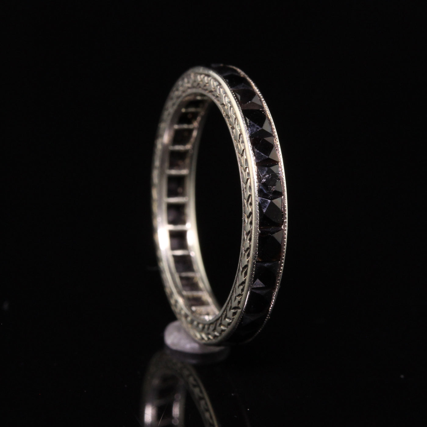 Antique Art Deco 18K White Gold French Cut Onyx Engraved Eternity Band