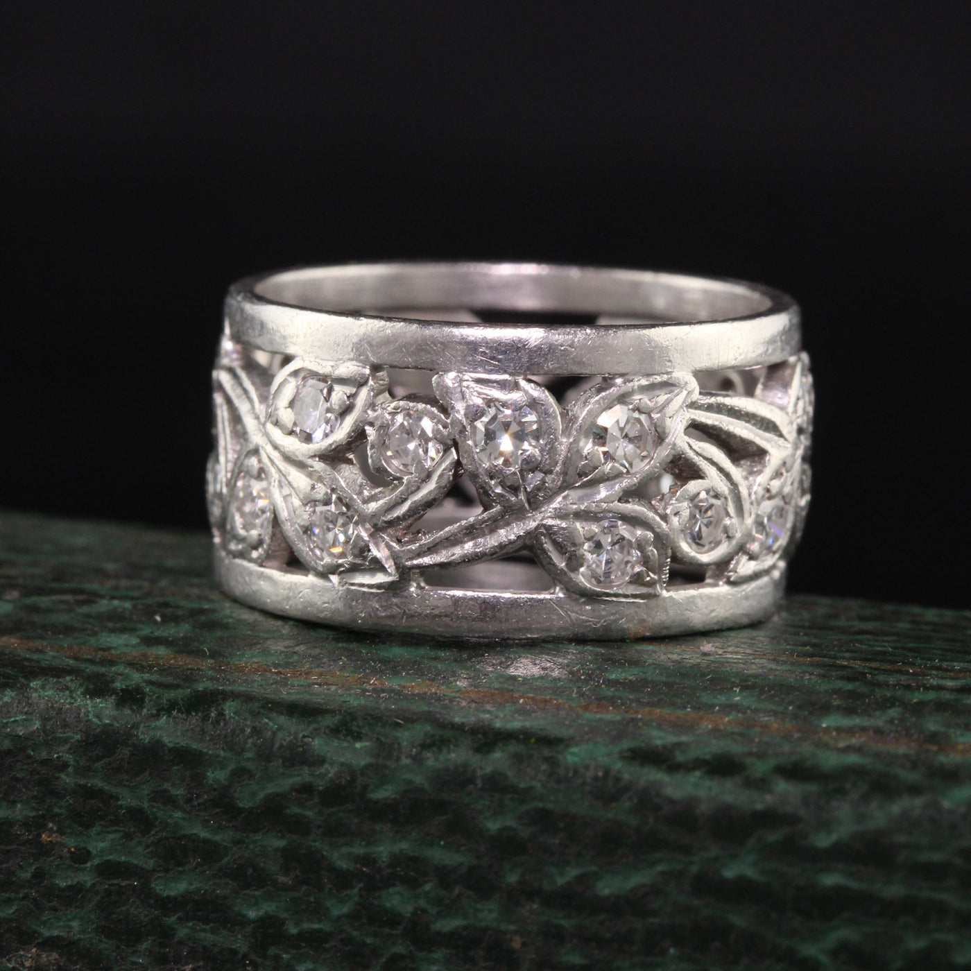 Antique Art Deco Platinum Single Cut Diamond Floral Wide Eternity Band