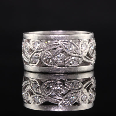 Antique Art Deco Platinum Single Cut Diamond Floral Wide Eternity Band