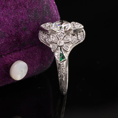 Antique Edwardian Platinum Old European Cut Diamond Flower Motif Engagement Ring