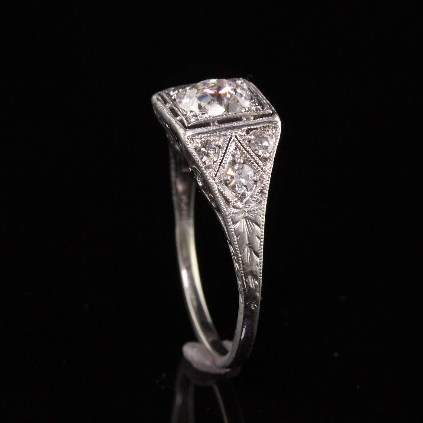 Antique Art Deco Platinum Old Mine Diamond Filigree Engagement Ring