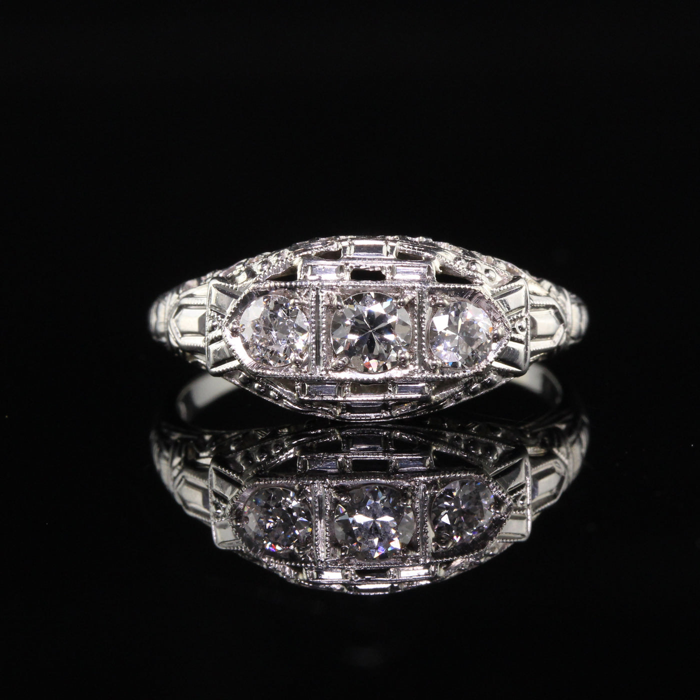 Antique Art Deco 18K White Gold Old European Diamond Three Stone Ring