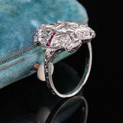 Antique Art Deco Platinum Baguette Old Euro Diamond and Ruby Shield Ring