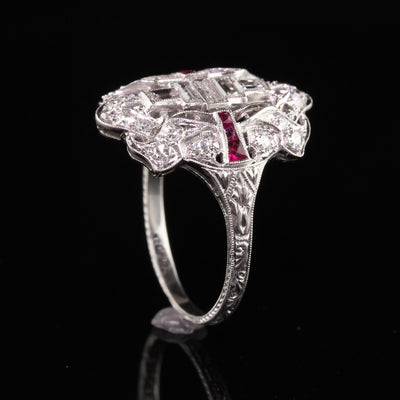 Antique Art Deco Platinum Baguette Old Euro Diamond and Ruby Shield Ring