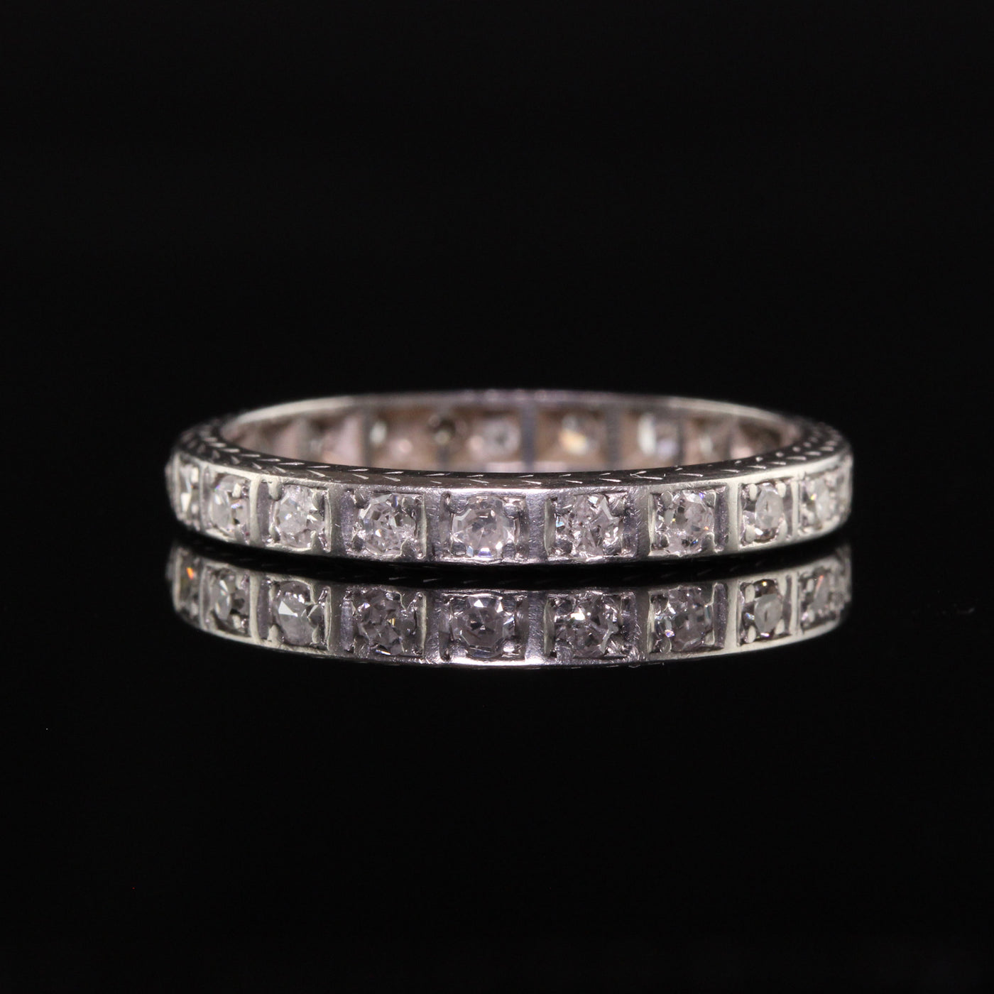 Antique Art Deco Platinum Single Cut Diamond Engraved Eternity Band - Size 6 1/2