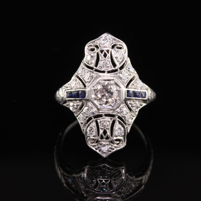 Antique Art Deco Platinum Old European Cut Diamond Sapphire Shield Ring