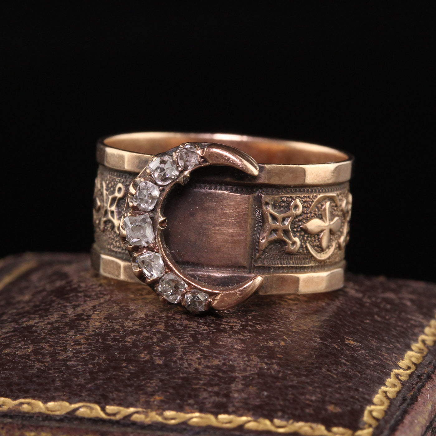 Antique Victorian 10K Yellow Gold Old Mine Diamond Crescent Ring