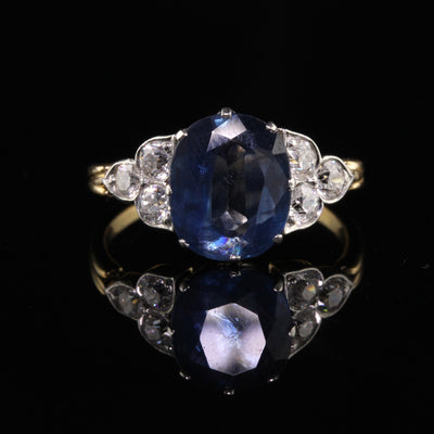 Antique Edwardian 18K Yellow Gold Old Euro Diamond and Sapphire Engagement Ring