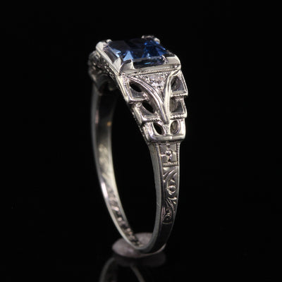 Antique Art Deco Lambert Bros 18K White Gold Yogo Sapphire Engagement Ring
