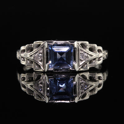 Antique Art Deco Lambert Bros 18K White Gold Yogo Sapphire Engagement Ring