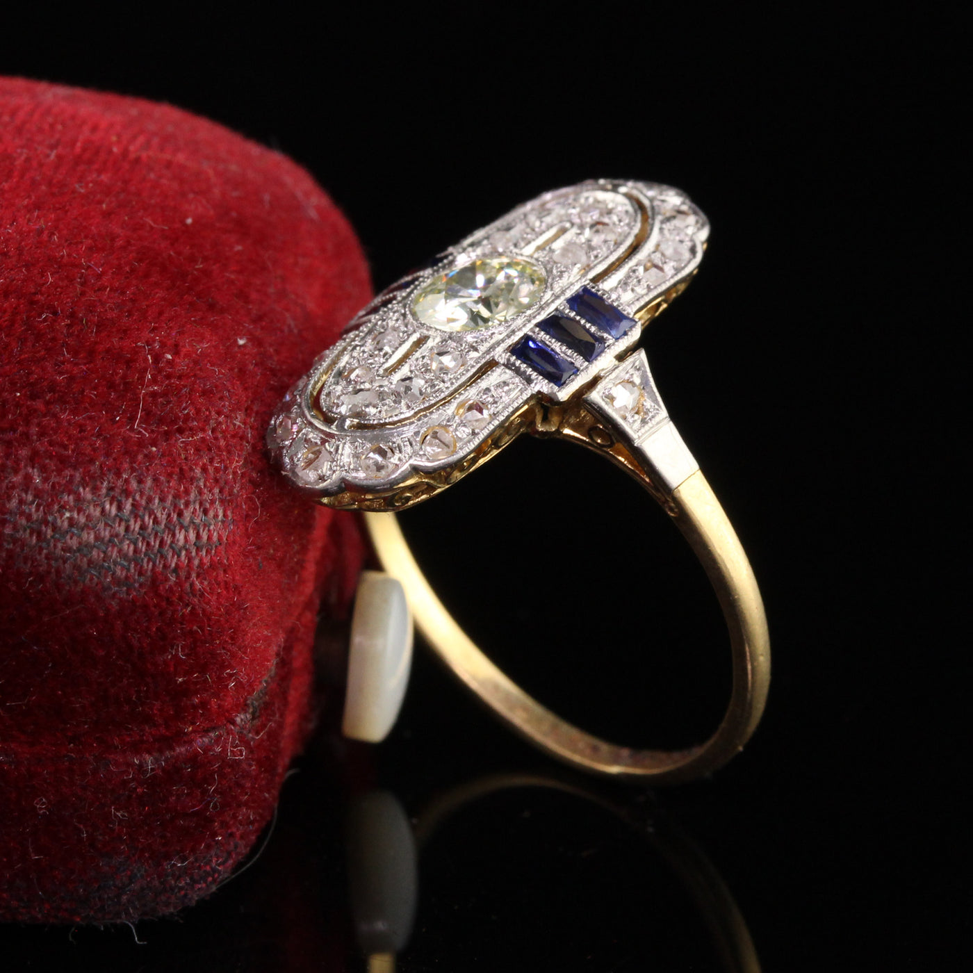 Antique Art Deco 18K Yellow Gold Platinum Old European Cut Diamond Sapphire Shield Ring