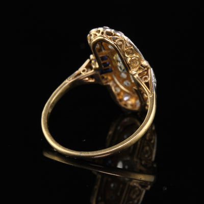 Antique Art Deco 18K Yellow Gold Platinum Old European Cut Diamond Sapphire Shield Ring
