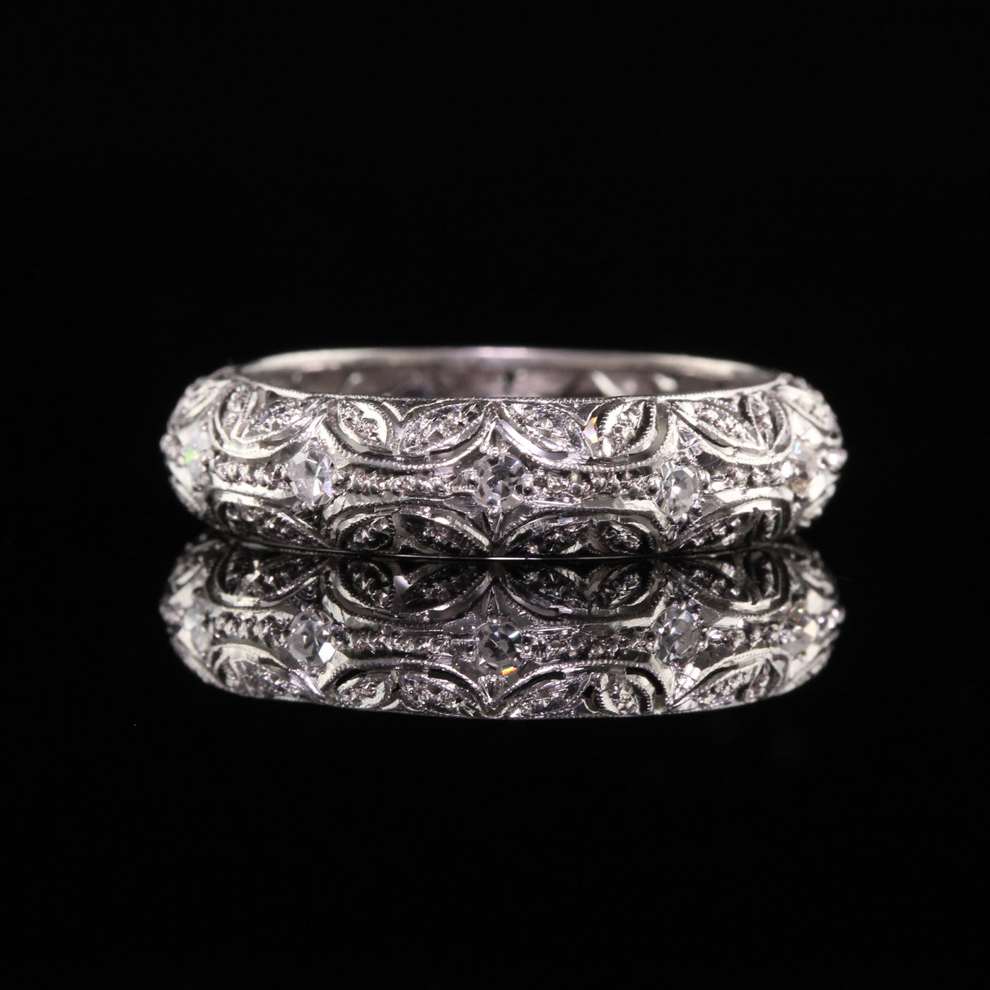 Antique Art Deco Platinum Single Cut Diamond Filigree Eternity Band - Size 9