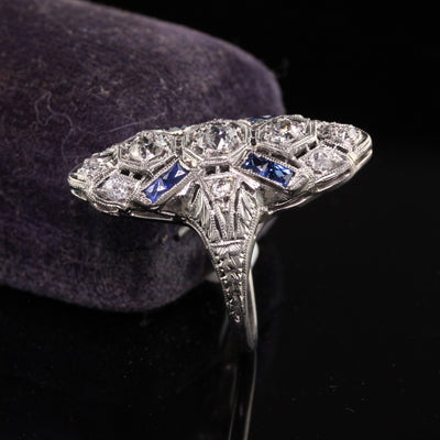 Antique Art Deco Platinum Old Euro Diamond Sapphire Shield Ring