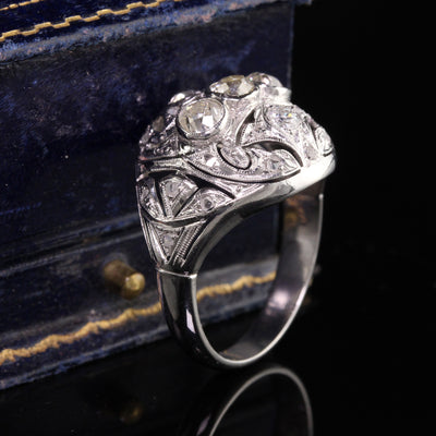 Art Deco Platinum Old Mine Diamond Filigree Cocktail Ring
