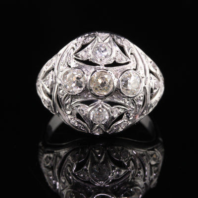 Art Deco Platinum Old Mine Diamond Filigree Cocktail Ring