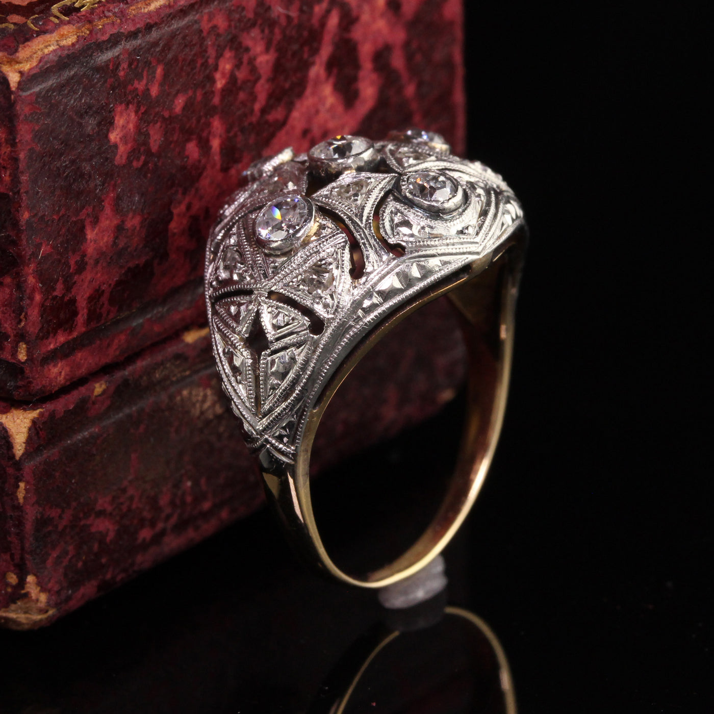 Art Deco 18K Yellow Gold Platinum Top Old European Diamond Ring