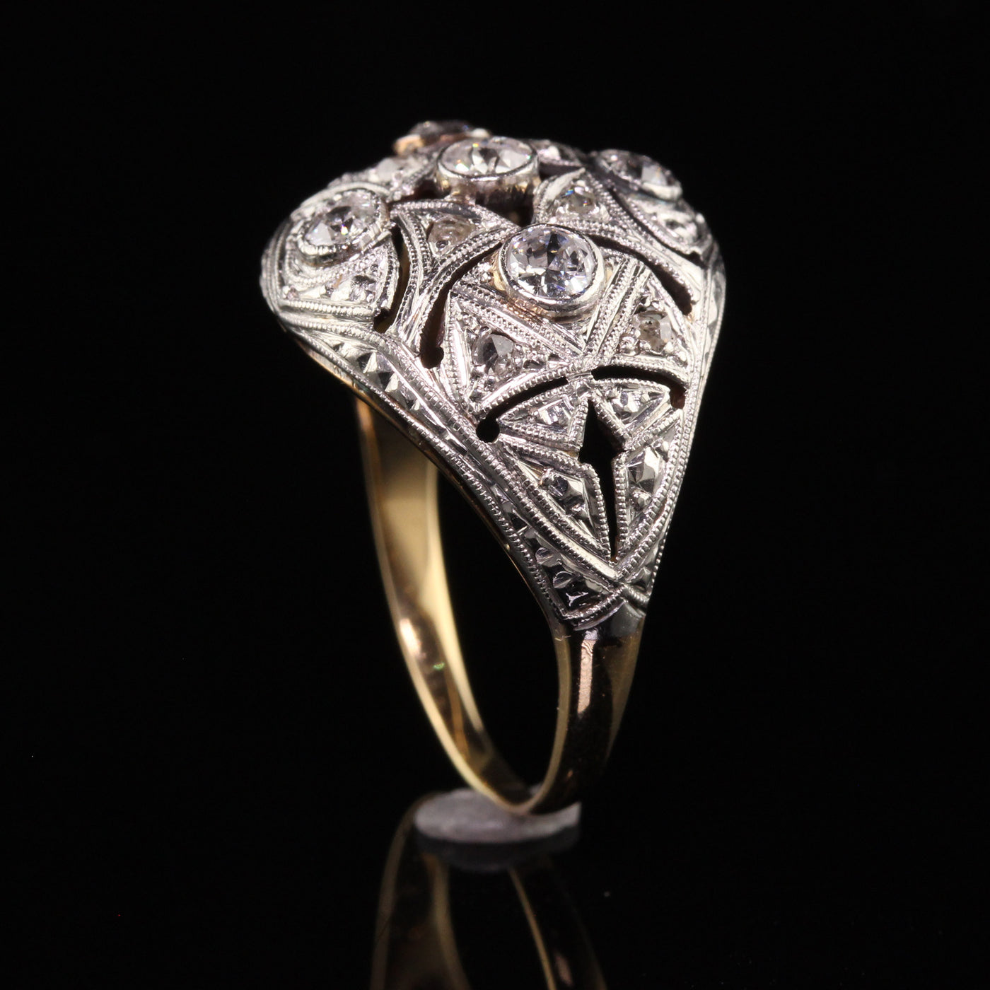 Art Deco 18K Yellow Gold Platinum Top Old European Diamond Ring