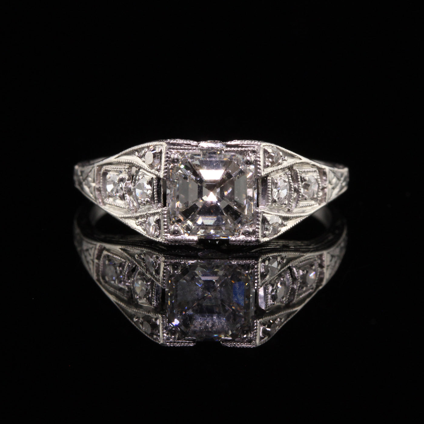 Antique Art Deco Platinum Asscher Cut Diamond Engagement Ring - GIA - Size 6 1/4