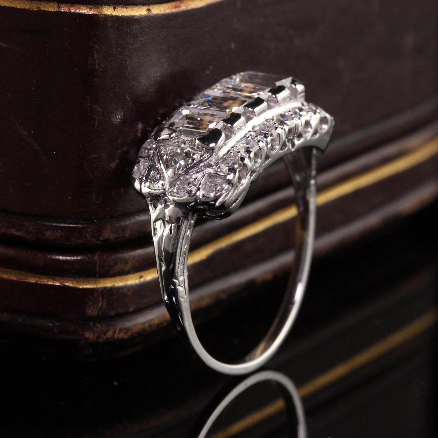 Antique Art Deco 18K White Gold Old Cut Diamond Baguette Ring