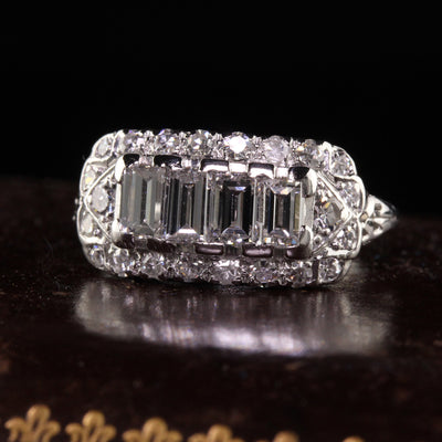 Antique Art Deco 18K White Gold Old Cut Diamond Baguette Ring