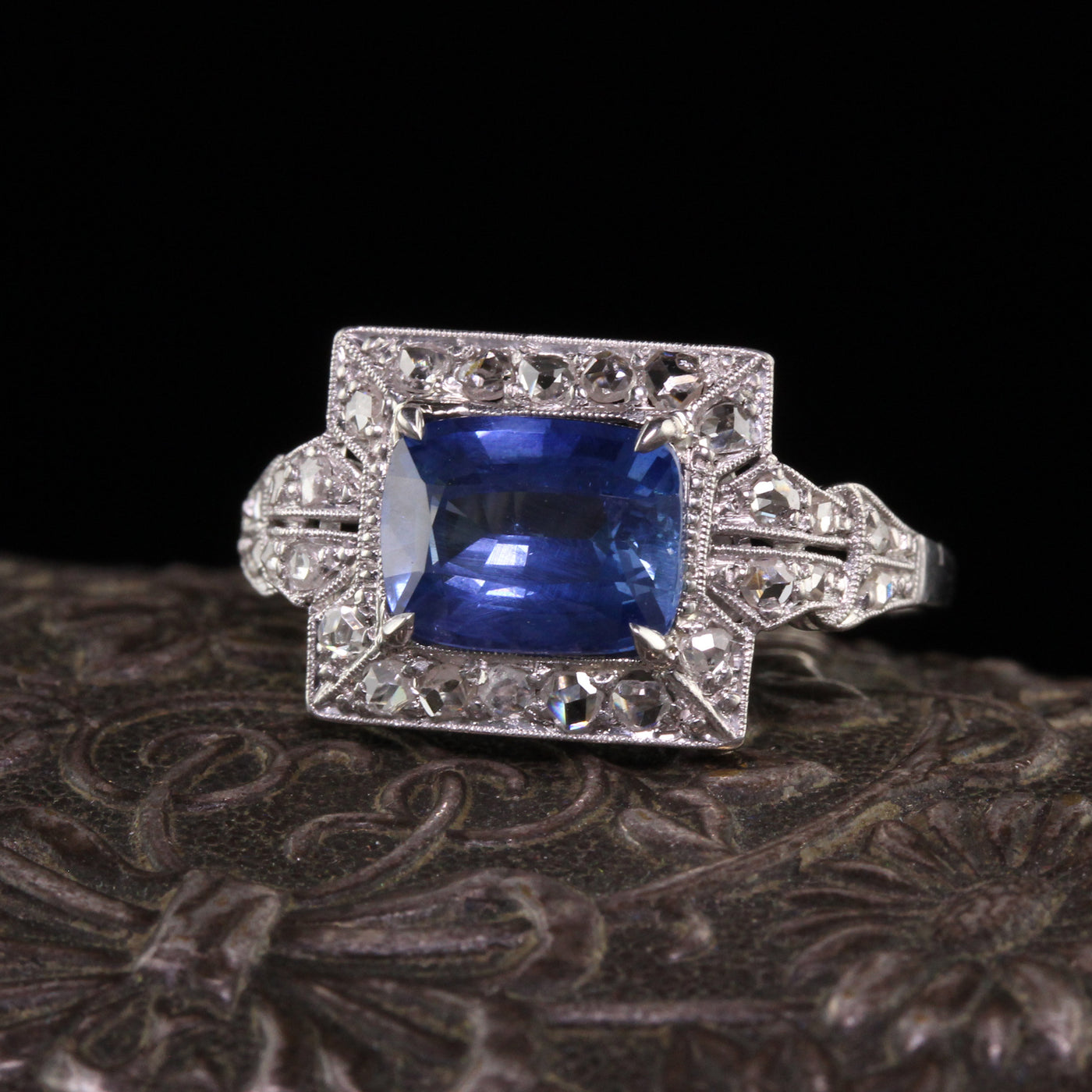 Antique Art Deco Platinum Natural Sapphire and Diamond Engagement Ring - GIA