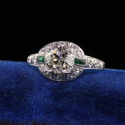 Antique Art Deco Platinum Old European Cut Diamond Emerald Engagement Ring