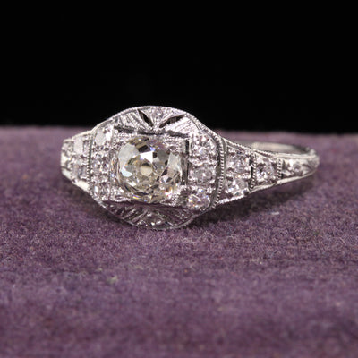 Antique Art Deco Platinum Old Mine Diamond Engagement Ring - GIA