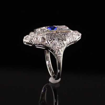 Antique Art Deco 14K White Gold Rose Cut Diamond Filigree Shield Ring