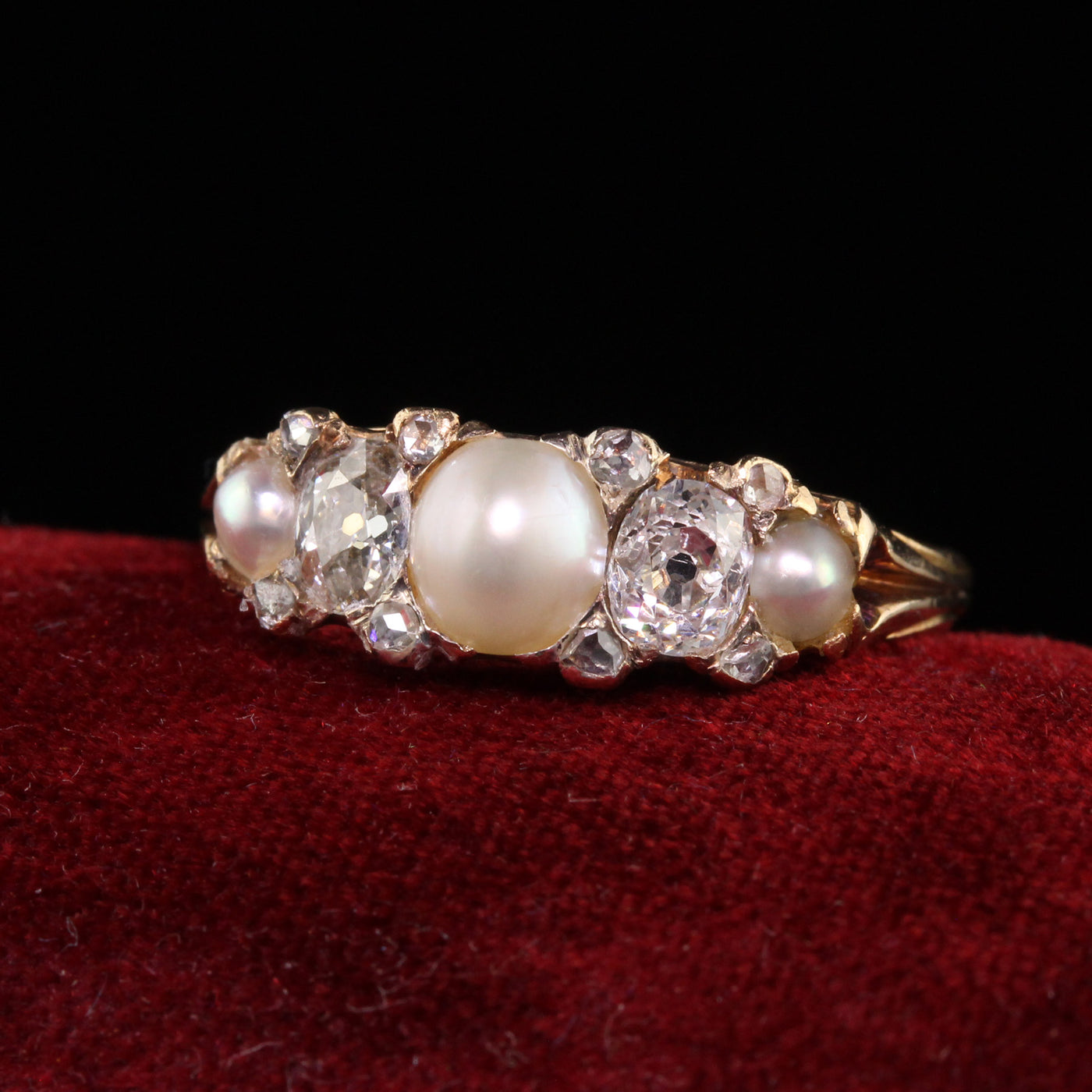 Antique Victorian 18K Yellow Gold Old Mine Cut Natural Pearl Diamond Band