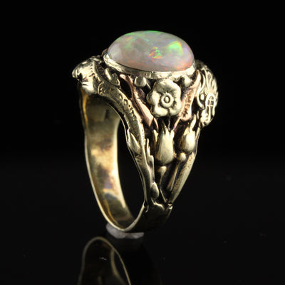 Antique Art Nouveau 14K Yellow Gold Cabochon Opal Dragon Ring