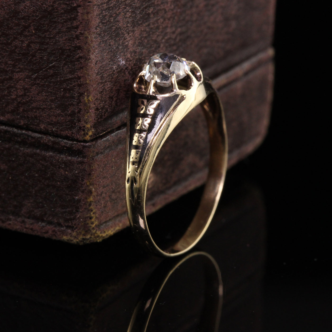 Antique Victorian 14K Yellow Gold Old Mine Diamond Enamel Engagement Ring - GIA
