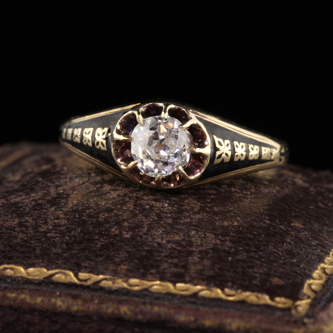 Antique Victorian 14K Yellow Gold Old Mine Diamond Enamel Engagement Ring - GIA
