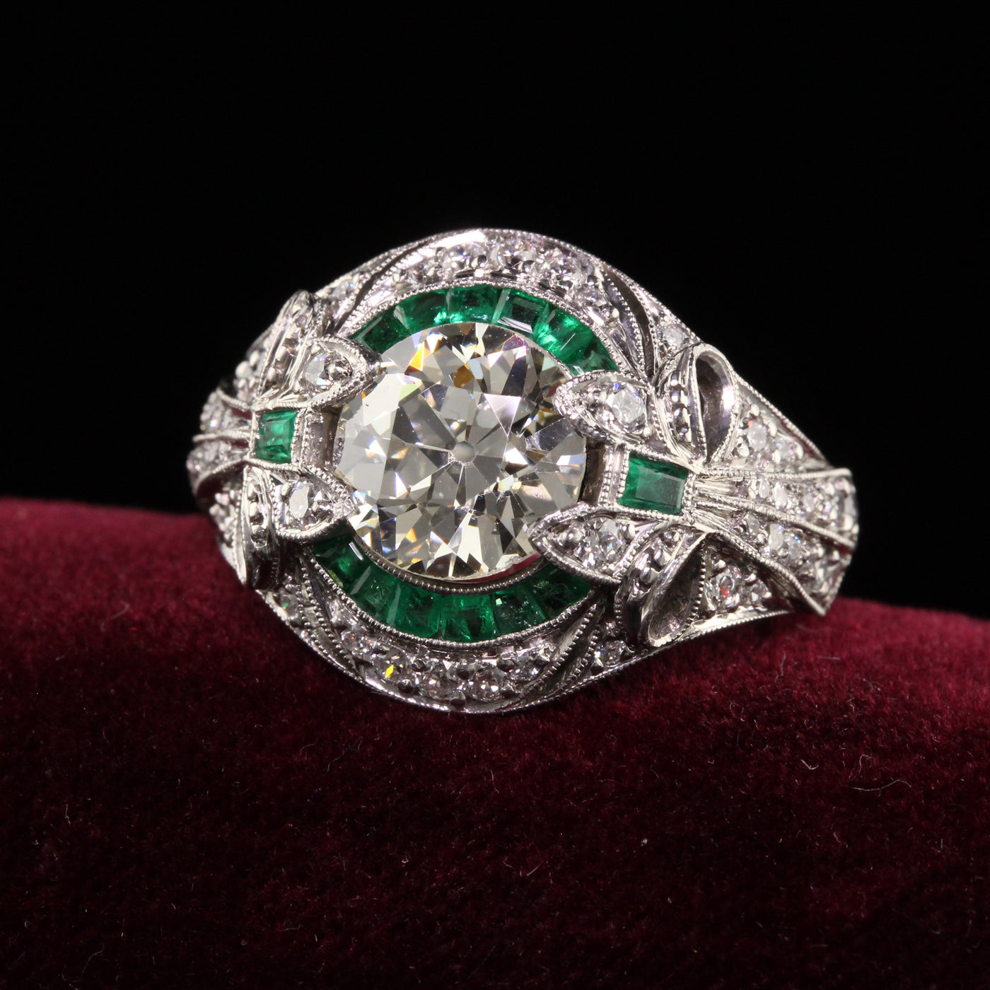 Antique Art Deco Platinum Old European Diamond Emerald Engagement Ring - GIA