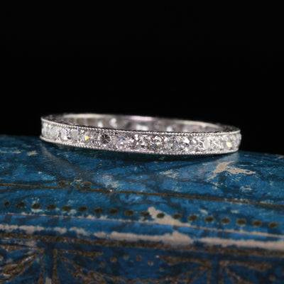 Antique Art Deco Platinum Single Cut Diamond Engraved Wedding Band - Size 6 1/4