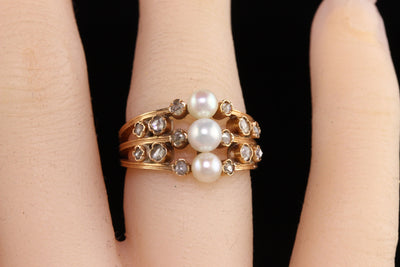 Antique Victorian 18K Rose Gold Pearl and Rose Cut Diamond Ring