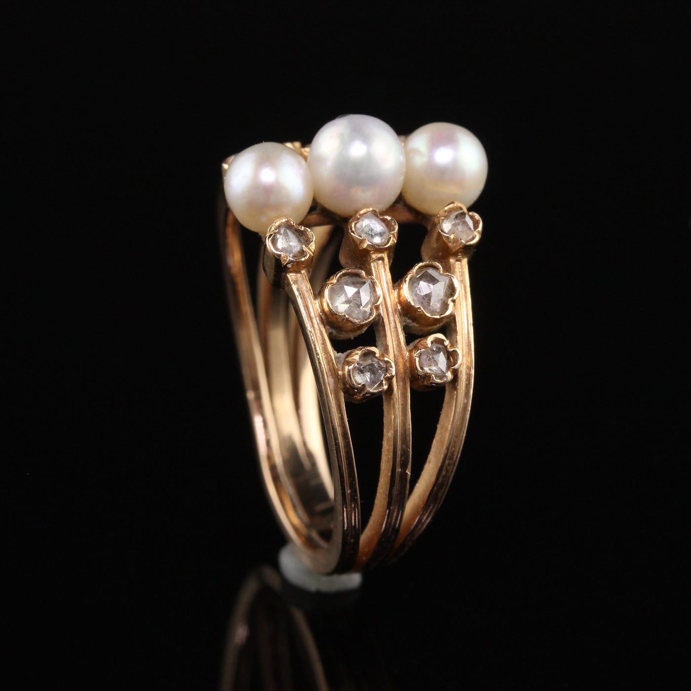 Antique Victorian 18K Rose Gold Pearl and Rose Cut Diamond Ring
