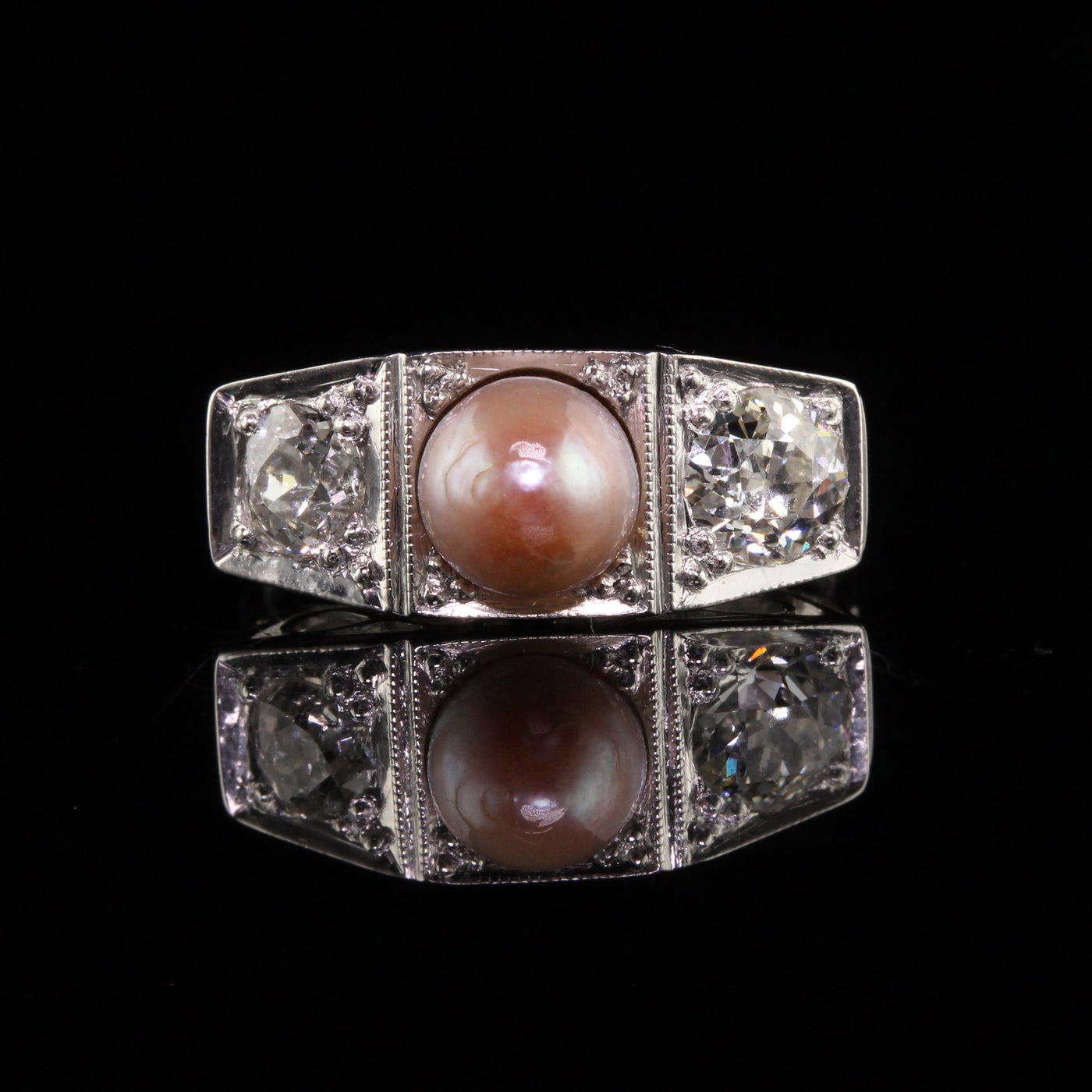 Antique Art Deco 14K White Gold Old European Diamond and Pearl Three Stone Ring