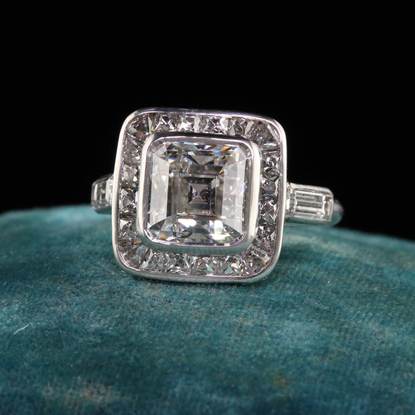 Antique Art Deco Platinum Asscher Cut French Cut Halo Engagement Ring - GIA