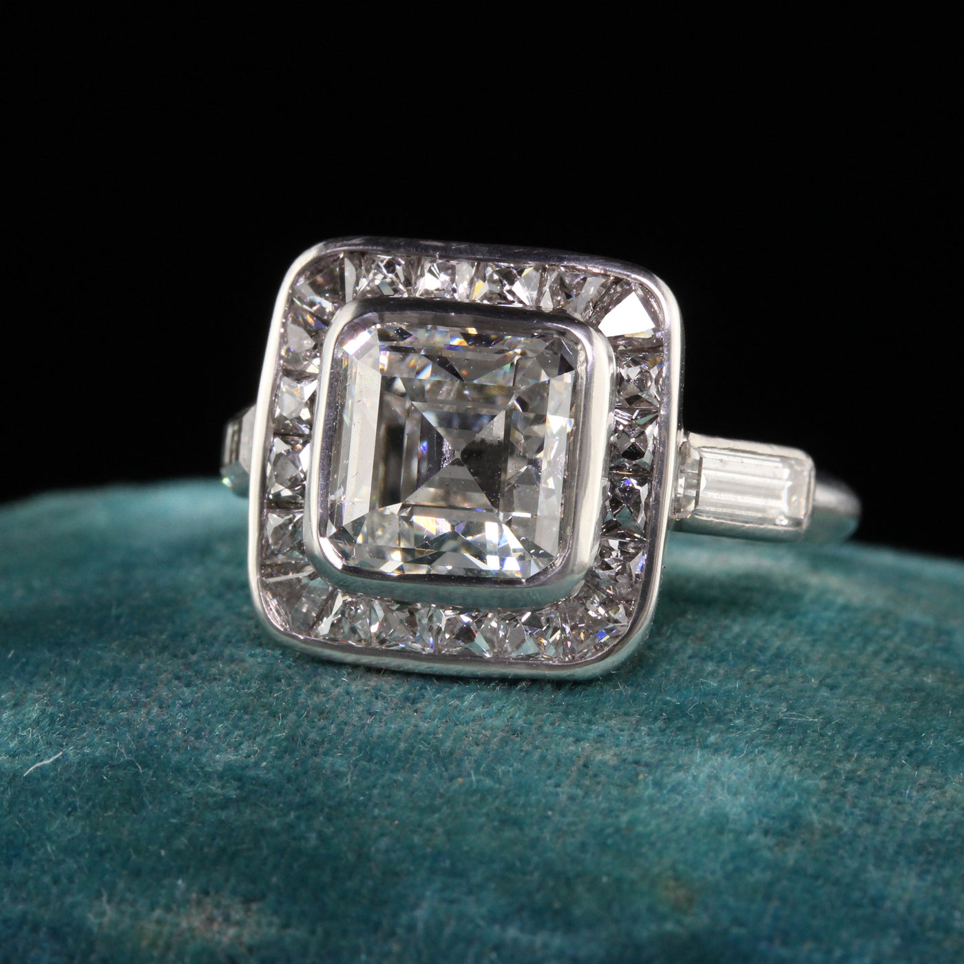 Antique Art Deco Platinum Asscher Cut French Cut Halo Engagement Ring - GIA