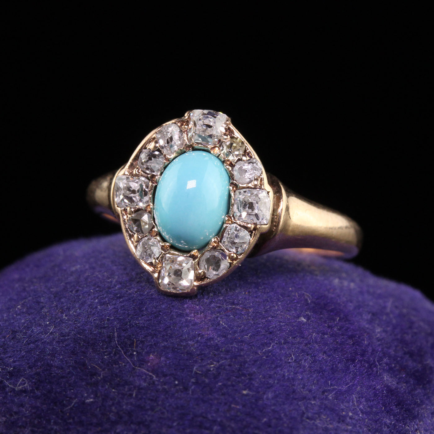 Antique Victorian 14K Yellow Gold Cabochon Turquoise Old Mine Cut Diamond Ring