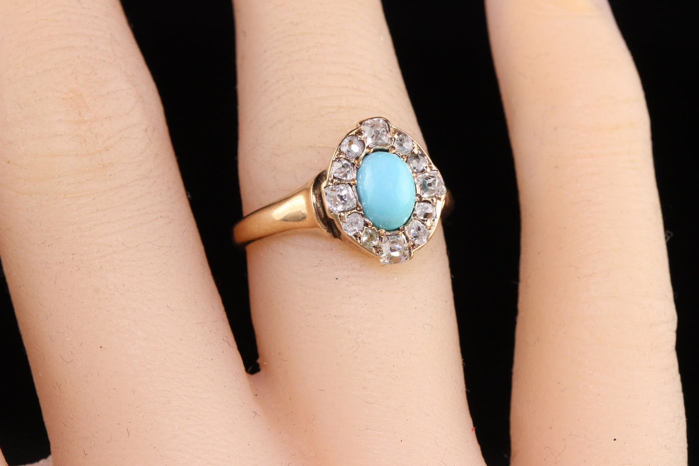 Antique Victorian 14K Yellow Gold Cabochon Turquoise Old Mine Cut Diamond Ring