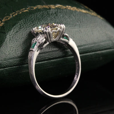 Antique Art Deco Platinum Old European Diamond and Emerald Engagement Ring - GIA