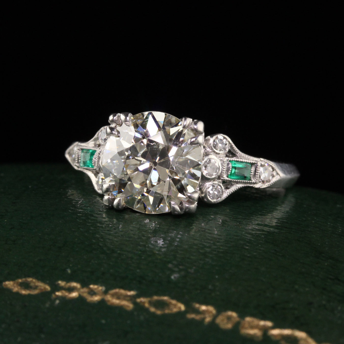 Antique Art Deco Platinum Old European Diamond and Emerald Engagement Ring - GIA