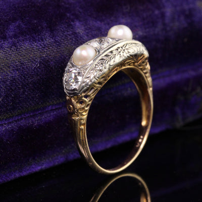 Antique Edwardian 18K and 14K Yellow Gold Old Euro Diamond Natural Pearl Ring