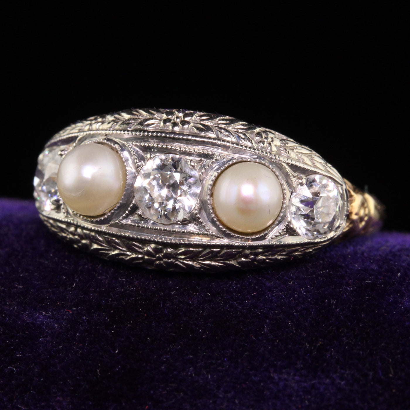 Antique Edwardian 18K and 14K Yellow Gold Old Euro Diamond Natural Pearl Ring
