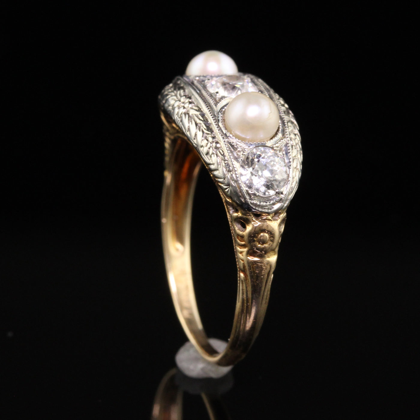 Victorian Coral, Pearl, and Diamond Ring in 18kt Gold