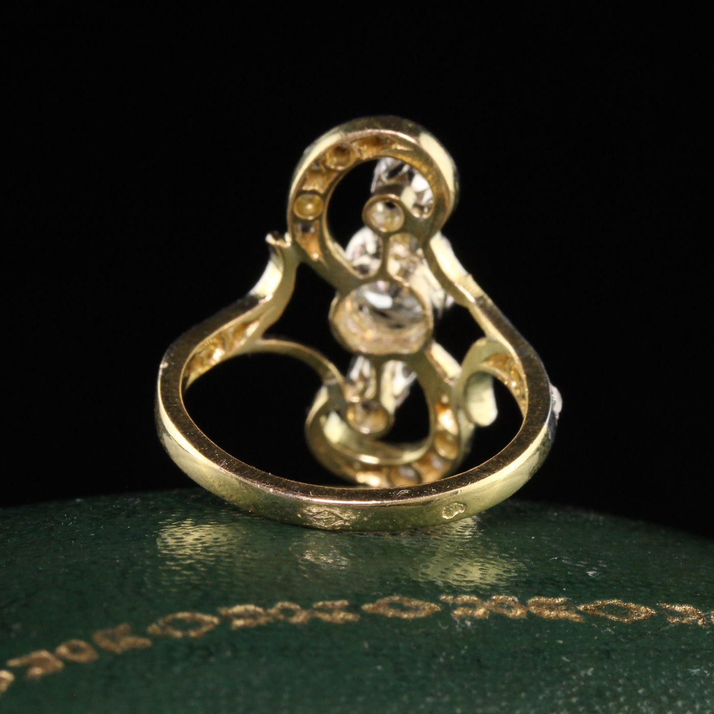 Antique Edwardian French 18K Yellow Gold Platinum Top Old Euro Diamond Ring