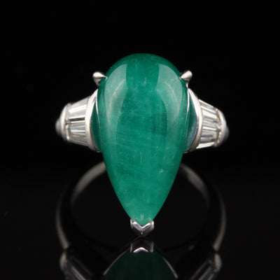 Vintage Retro Platinum Colombian Emerald Pear Cabochon Diamond Ring